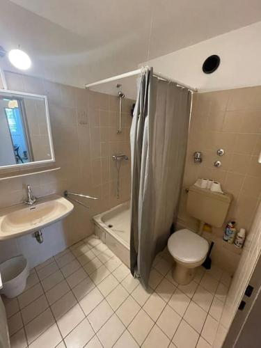 a bathroom with a sink and a toilet and a shower at Wohnung nähe Düren Zentrum in Düren - Eifel