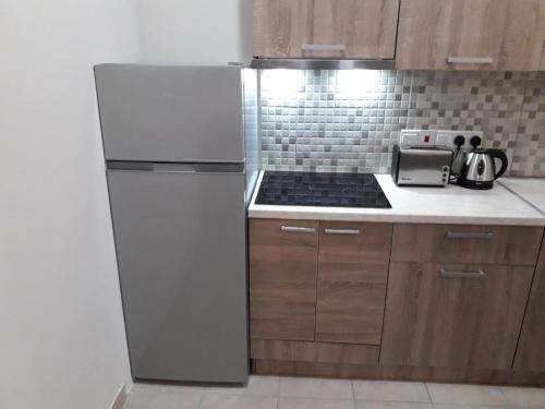 a kitchen with a white refrigerator and a stove at Boronia Hotel Apartments in Larnaka