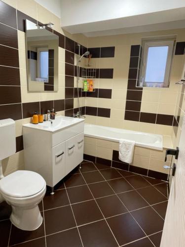 a bathroom with a toilet and a tub and a sink at Yellow Apartment in Floreşti