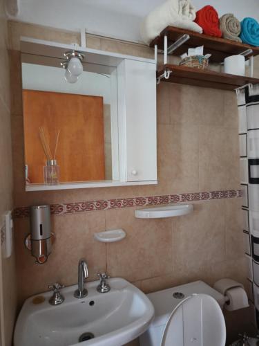 een badkamer met een wastafel, een toilet en een spiegel bij Las Madreselvas in Villa de la Quebrada