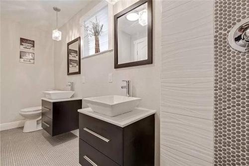La salle de bains est pourvue d'un lavabo, de toilettes et d'un miroir. dans l'établissement Urban Oasis-5 Min from Downtown!, à Tampa
