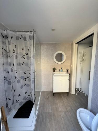 a bathroom with a shower and a sink at El Cortijo Bungallows in Playa de las Americas