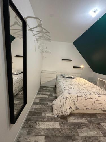 sypialnia z łóżkiem i lustrem w obiekcie The GREEN HOUSE w mieście Saint-Brieuc