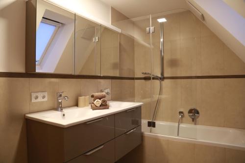 a bathroom with a sink and a shower at Ski-Baki Seka in Schruns-Tschagguns