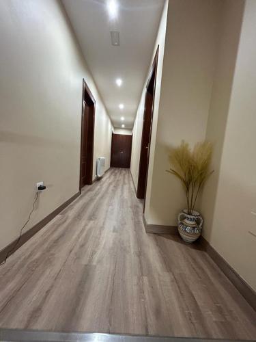 an empty hallway with a potted plant on the floor at Hotel Restaurante el Fornon in Novellana
