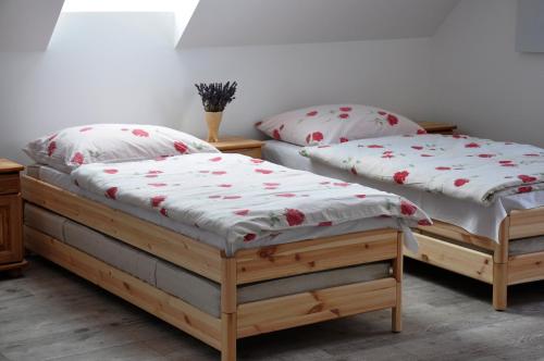 two beds sitting next to each other in a room at DOM WITA I MAŁGOSI in Zachełmie