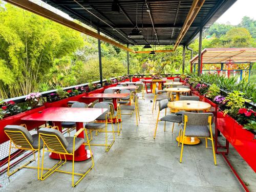 a row of tables and chairs on a patio at Tierra Maravilla in Salento