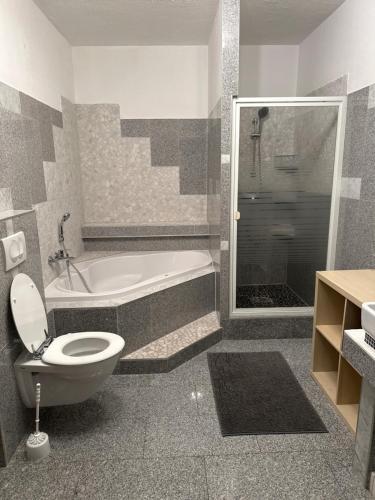 a bathroom with a toilet and a tub and a sink at Anka´s Ferienhaus in Bexbach