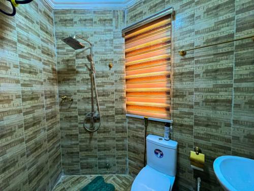 a bathroom with a toilet and a sink and a shower at Fey Pad in Lagos