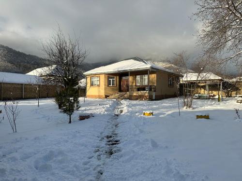 a house in the snow with a snow covered yard at Villa in Qabala in Gabala