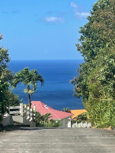 a view of the ocean from a driveway at Gîte Ti Papiyon in Bouillante