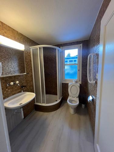 La salle de bains est pourvue d'une baignoire, de toilettes et d'un lavabo. dans l'établissement Niederdorf, Baselland Hotel, à Niederdorf