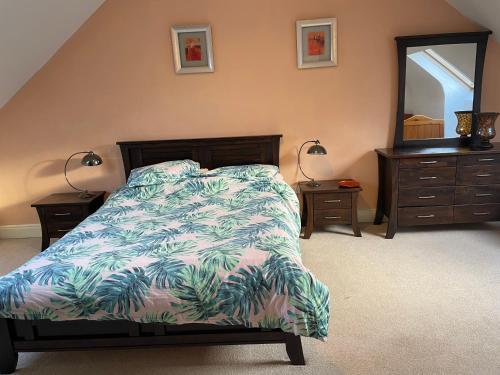 1 dormitorio con cama, tocador y espejo en Letterfrack Farm Lodge house in Letterfrack village Connemara, en Letterfrack