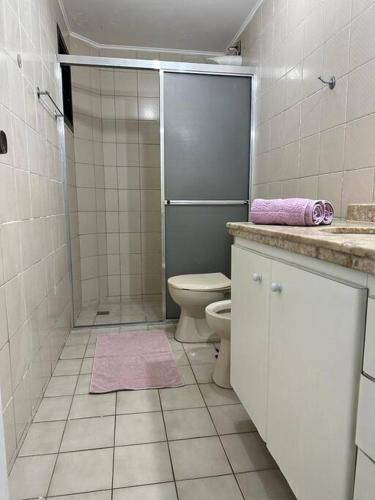 een badkamer met een douche, een toilet en een wastafel bij Amplo Apartamento no Cambuí II in Campinas