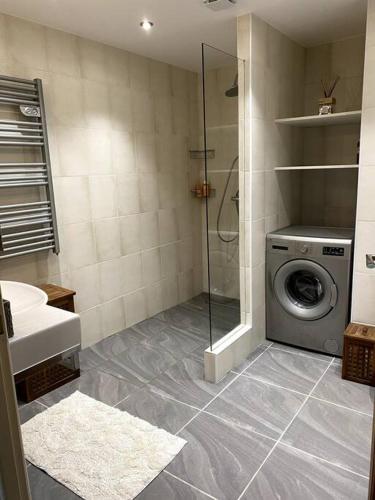 une salle de bain avec douche et machine à laver dans l'établissement Une vue à couper le souffle!, à Le Bar-sur-Loup