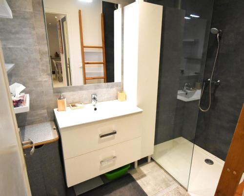 uma casa de banho com um lavatório e um chuveiro em Forum - Spacieux - Terrasse -Clim-Wifi em Menton