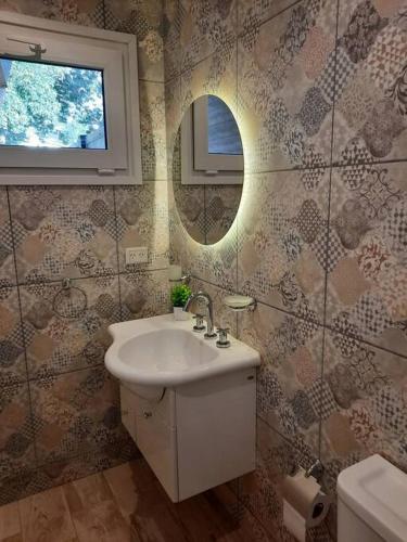 a bathroom with a sink and a mirror at La Fragua Suites Saavedra in El Bolsón