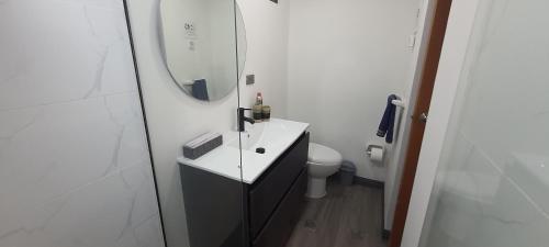 een badkamer met een wastafel, een spiegel en een toilet bij Bonito y cómodo apartamento cerca a Plaza Mayor in Medellín