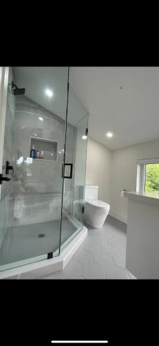 a bathroom with a glass shower and a toilet at 6 BEDROOM MODERN AND LUXURY HOME in Welland