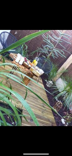 uma mesa de madeira com algumas plantas em cima dela em Suite luxe l'Infini em Istres