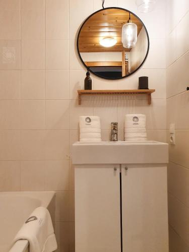 y baño con lavabo y espejo. en Gruberwirt Apartment mit 1 Schlafzimmer GW 5, en Innsbruck