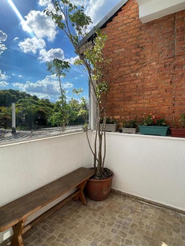 a bench sitting in front of a window at Morada City Hostel in Sao Paulo