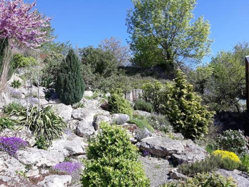 un jardín con rocas y flores en una colina en La Jouvencière ***, en Jouy