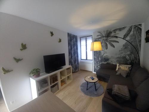 a living room with a couch and a tv at Maison de ville in Bouguenais