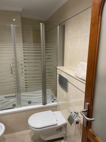 Un baño con ducha, inodoro y lavabo. en Luna D, en Puerto de la Cruz