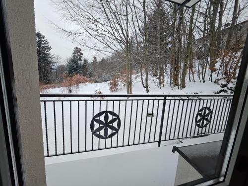 einen Balkon mit Blick auf einen schneebedeckten Hof in der Unterkunft Willa Szewcula Apartament Klimczok in Szczyrk