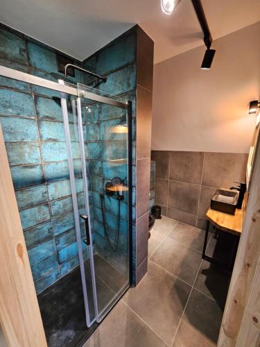 eine Dusche mit Glastür im Bad in der Unterkunft Willa Szewcula Apartament Klimczok in Szczyrk