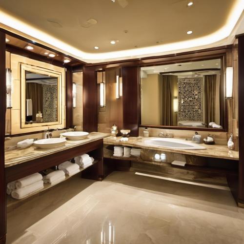 a bathroom with two sinks and a large mirror at Almouj Hotel in Muscat