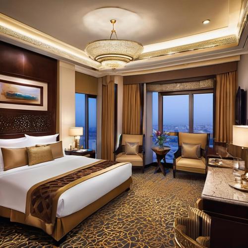 um quarto de hotel com uma cama grande e uma secretária em Almouj Hotel em Mascate