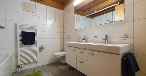 a bathroom with a sink and a toilet and a mirror at Apartment Honegg in Lauterbrunnen