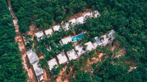 una vista aérea de un edificio en medio de un bosque en Aqua Viva, Pool, AC, Internet, Beach club, en Bacalar