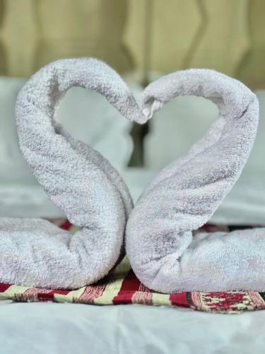 two heart shaped towels sitting on top of a bed at Dar Hassi Labied Merzouga in Hassilabied