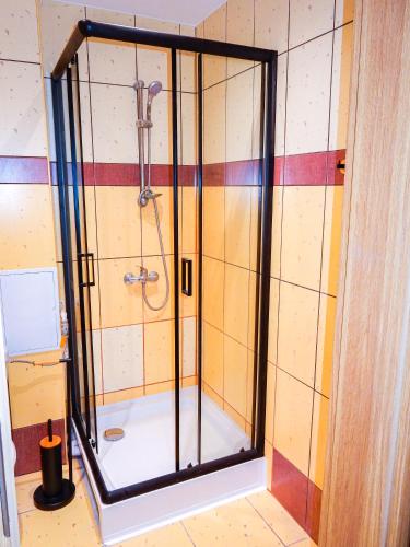 a shower with a glass door in a bathroom at SeaPort Resort in Łeba