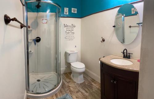 a bathroom with a shower and a toilet and a sink at IreneHouse Victorian INN in Sacramento