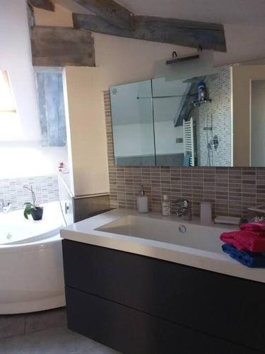 a bathroom with a large sink and a bath tub at Appartamento romantico indipendente in Gaglianico