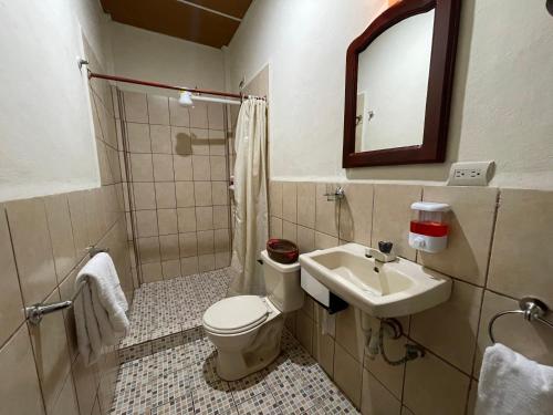 a bathroom with a toilet and a sink and a mirror at Hotel Vizcaino in Matagalpa