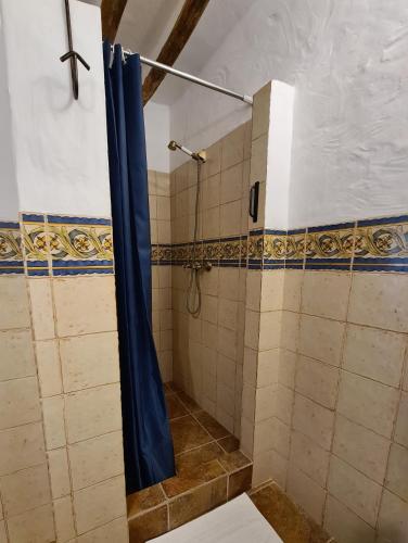 a shower with a blue shower curtain in a bathroom at La Posada Amena in Carcabuey