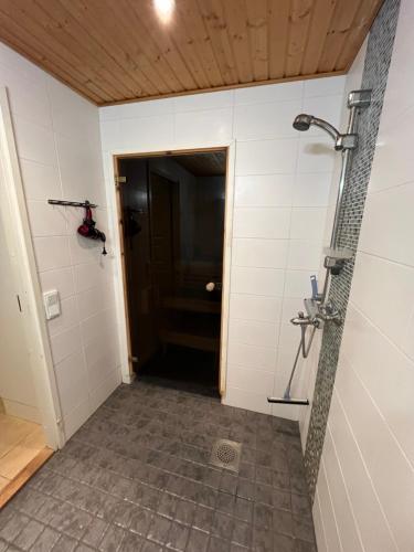 a bathroom with a shower and a door at Villa IRIS 4, Himos in Jämsä