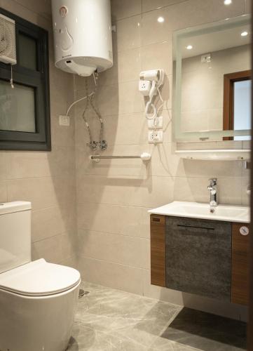 a bathroom with a toilet and a sink and a mirror at Narmer Pyramids View in Cairo