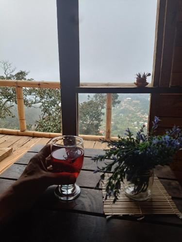 un verre de vin assis sur une table avec vue dans l'établissement Lindo mirador del oriente Antioqueño, à Guarne