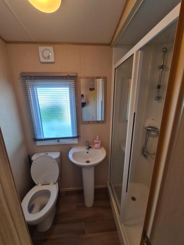 a small bathroom with a toilet and a sink at Hoburne Naish CS129 in New Milton