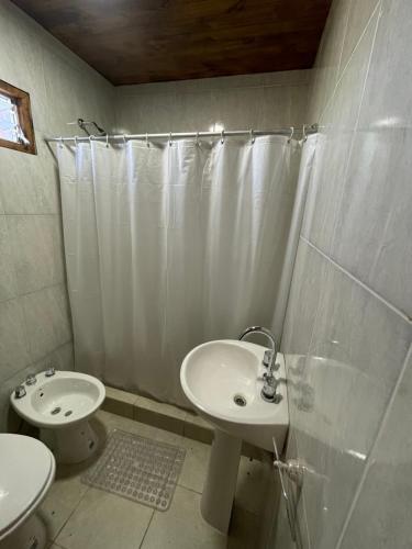 La salle de bains est pourvue d'un lavabo, de toilettes et d'une douche. dans l'établissement Posada La Martina, à Goya