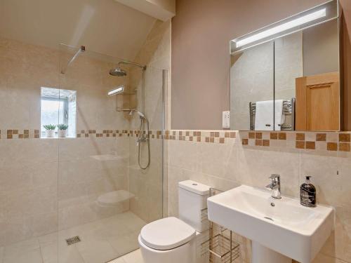 een badkamer met een toilet, een wastafel en een douche bij 2 Bed in Brandsby 91540 in Brandsby