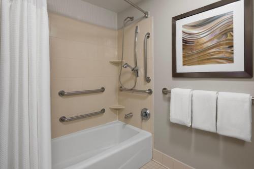 a bathroom with a shower and a white bath tub at Courtyard by Marriott Rockford in Rockford