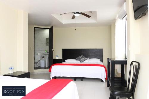 - une chambre avec 2 lits et un ventilateur de plafond dans l'établissement ROOF TOP Hotel XILITLA, à Xilitla