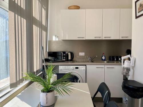 a kitchen with white cabinets and a table with a plant at 2 Bedroom Flat in Town Center Wellingborough in Wellingborough